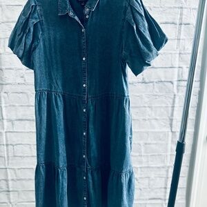 G by Giuliana Denim Button Front Puff Sleeve Tiered Dress